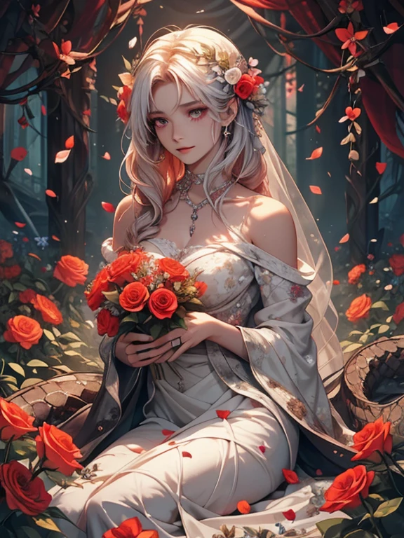 In a hauntingly beautiful yet eerie scene, a lifeless woman lies still on the forest floor, her body pale and cold, slowly being overtaken by flowers that seem to draw life from her. Dark, twisted roots snake from the ground, wrapping around her limbs, as vibrant blooms—roses, lilies, and wildflowers—emerge from her skin, their petals a mix of blood red, deep violet, and ghostly white.

The flowers, though beautiful, possess an unsettling quality as they flourish unnaturally fast, their stems twisting and coiling around her body like vines feeding on her very essence. The woman’s face, serene in death, contrasts sharply with the morbid beauty of the flowers that sprout from her chest, hands, and legs, growing taller and more vibrant as if her body is nurturing them.

Around her, the ground is littered with fallen petals, and the air is thick with the pungent, sweet scent of decay mixed with floral perfume. The flowers, in their unnatural beauty, create a paradoxical image of life feeding on death, transforming the scene into a macabre garden where death gives birth to new, dark beauty.