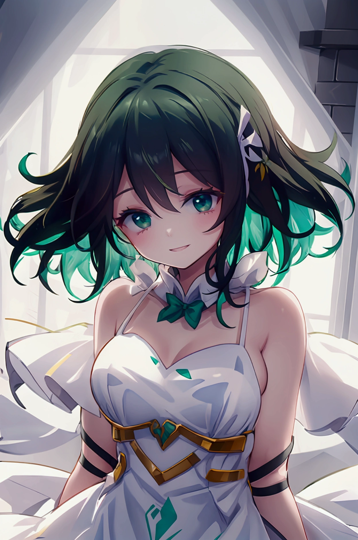 White dress with a green bow on the back, smiles slightly