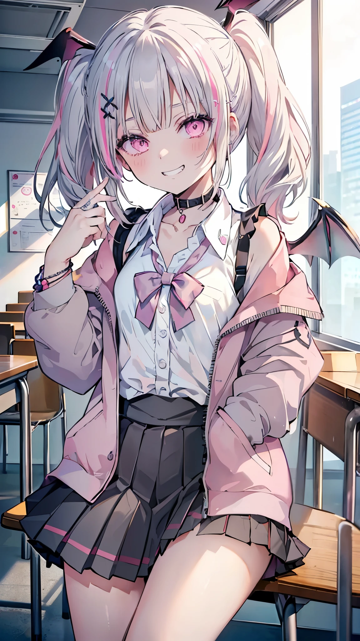 ((masterpiece、Highest quality、Very detailed))、One girl、aasena、gyaru、Gray Hair、twintails、((pink streaked hair))、 hair ornament、head wings、Pink eyes、evil smile、((Grin))、Small breasts、((White collared shirt))、((clavicle))、bracelet、((Black pleated skirt))、((miniskirt))、Cowboy Shot、Classroom Background