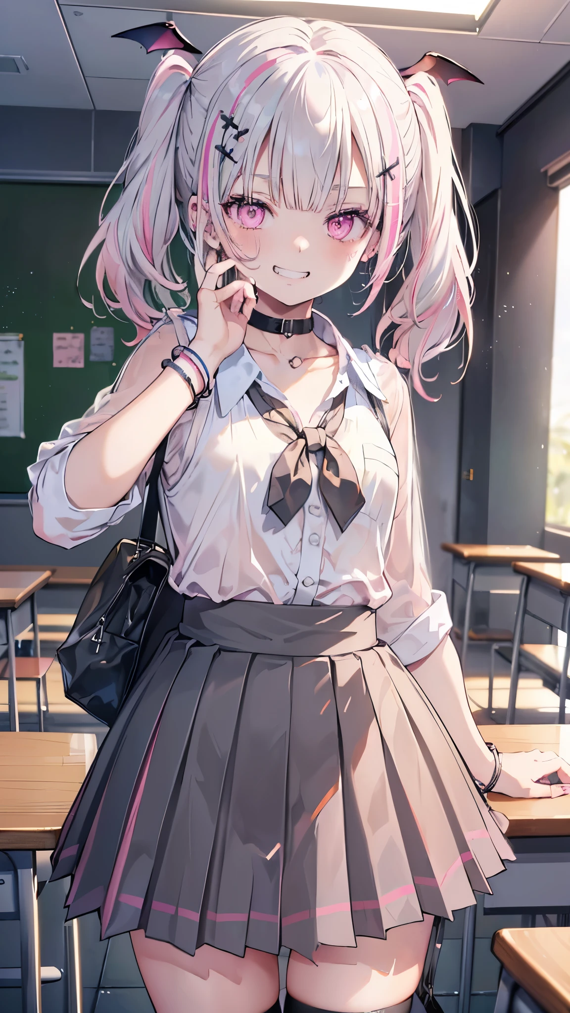 ((masterpiece、Highest quality、Very detailed))、One girl、aasena、gyaru、Gray Hair、twintails、((pink streaked hair))、 hair ornament、head wings、Pink eyes、evil smile、((Grin))、Small breasts、((White collared shirt))、((clavicle))、bracelet、((Black pleated skirt))、((miniskirt))、Cowboy Shot、Classroom Background
