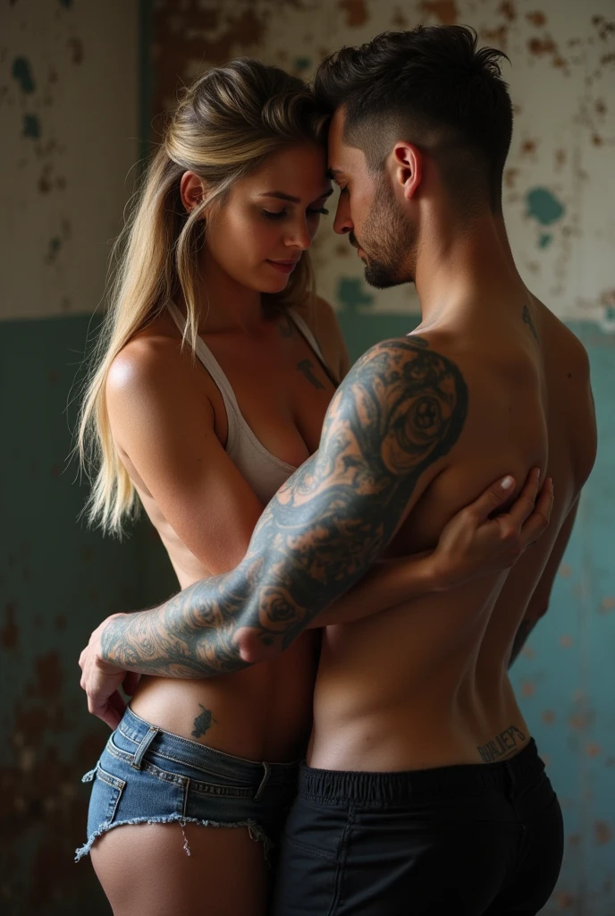 a couple in love touching each other, tall and strong man, beautiful light brown hair green eyes, blonde haired woman of Italian blood, tall and beautiful full lips, they both have tattoos