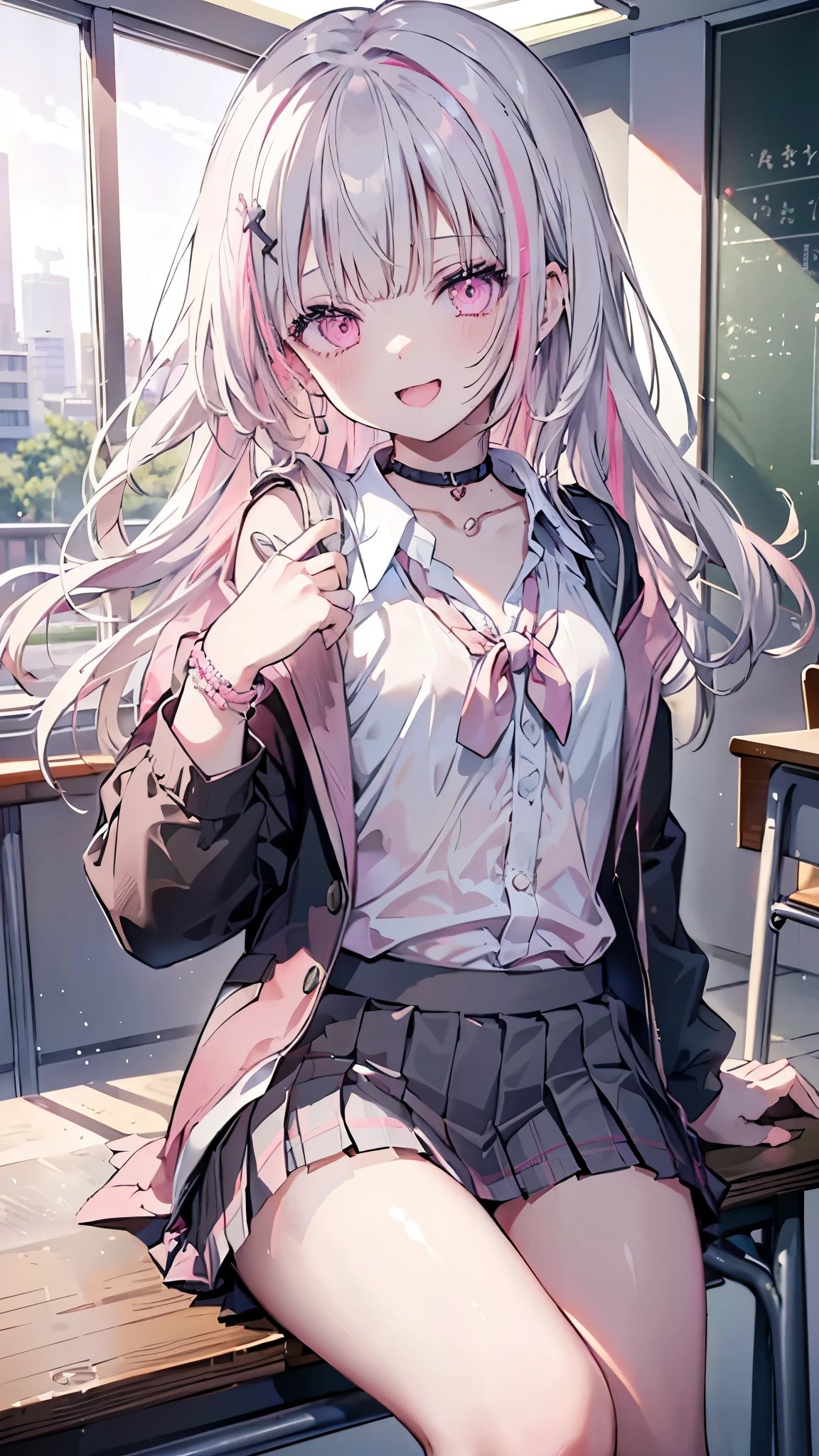 ((masterpiece、Highest quality、Very detailed))、One girl、aasena、gyaru、Gray Hair、Long Hair、((pink streaked hair))、 hair ornament、Pink eyes、evil smile、((open mouth))、Small breasts、((White collared shirt))、((clavicle))、bracelet、((Black pleated skirt))、((miniskirt))、Cowboy Shot、Classroom Background
