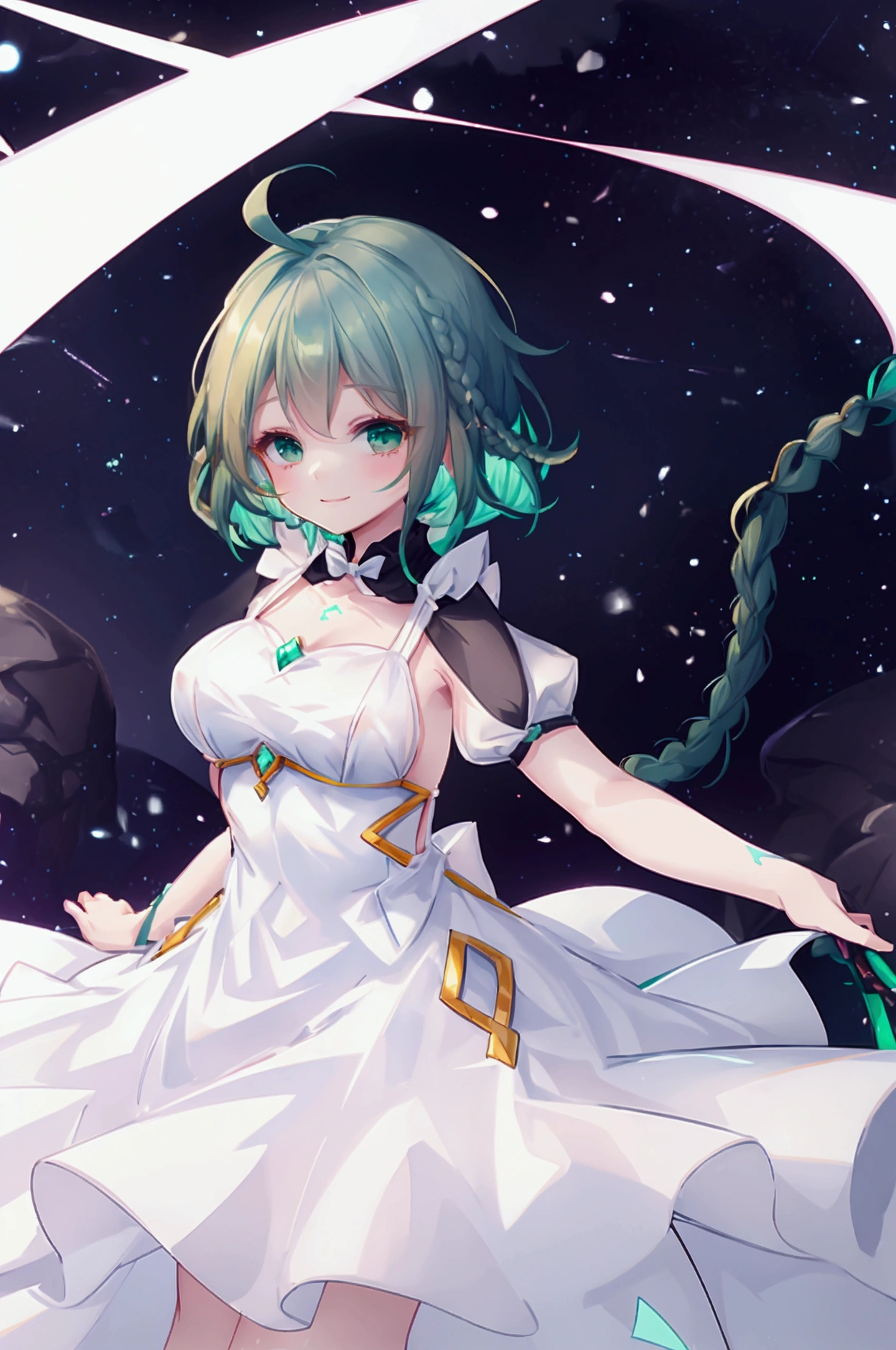 white dress with short princess sleeves, with a green bow on the back, smiles slightly, Short hair with a braid down to chest height