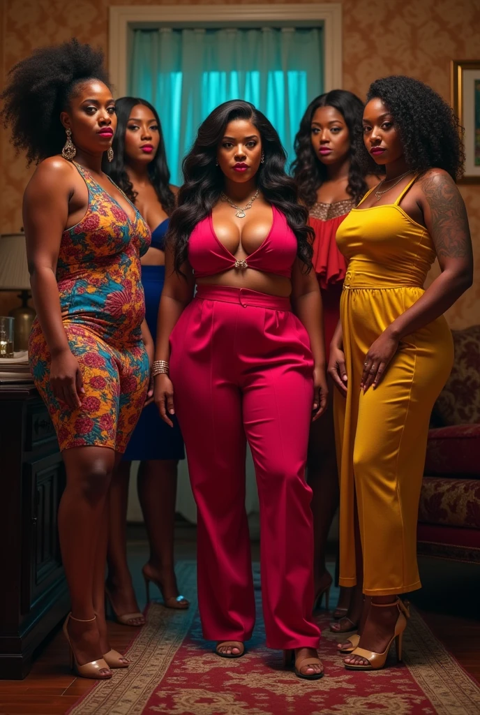 Portrait of a group of curvy big breasted  black woman, pinup  model, long  curly hair, lingerie,  vintage. bbw, holding a pineapple,  Christmas background