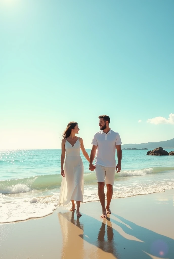 Um casal caminhando feliz na praia
