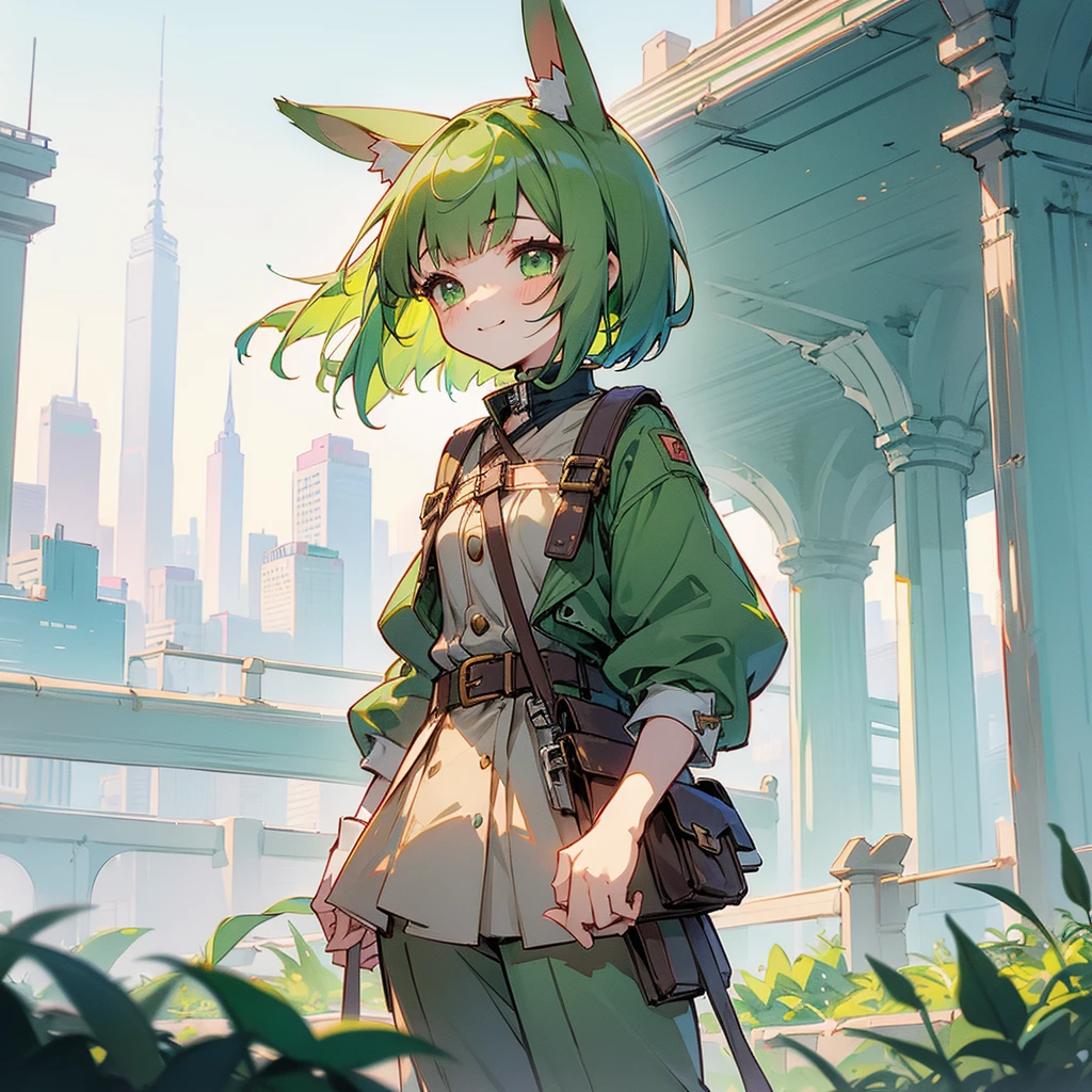 (long Green rabbit ears), green animal ears, (1 girl), green hair, green eyes, bob cut, thin eyebrows, smiling, young, alone, Lolita, childhood, , short, overall, coat, long boots, red hood, wide pants, harness, fingerless globe, belt, waist pouch, in the city, tiny,y faceacademia, cel anime, upper body, half body photo