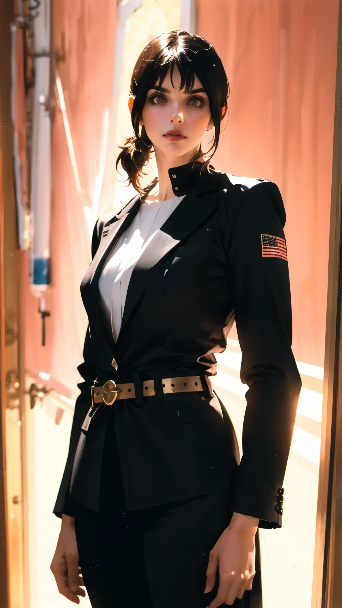 (masterpiece:1.2, best quality:1.2, extremely delicate:1.2), ((Alexandra Daddario:1.2)), a women with long black hair, a long side part bangs, she has slender eyebrows, sharp and intelligent eyes, perfect face, a dark Western-style fitted suit, a long overcoat on top, a belt wraps around her waist, loose trousers, this character embodies a finely crafted wise female leader in anime style, exquisite photography, Photo realism, photorealistic, perfect skin, even and soft lighting on face, dramatic, high definition, highres, ultra-detailed, ultra-fine painting, professional, perfect body proportions, golden ratio, anatomically correct, symmetrical face, extremely detailed eyes and face, high quality eyes, creativity, RAW photo, UHD, 32k, portrait lighting, Natural light, cinematic lighting, (masterpiece-anatomy-perfect:1.2)