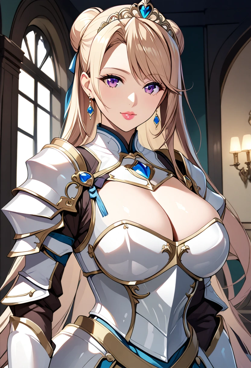 Highest quality、Very detailed、High resolution illustrations、Ultra-high-definition CG、８k size wallpaper、(One Girl), Sylvia_van_to hustle, large breasts, blonde hair, purple eyes, hair bun,, dress, gloves, jewelry, Cleavage, Princess,elbow gloves,tiara,brooch,white gloves、Adult female、thin、so beautiful、Beautiful Face、(((Blue and white armor、breastplate、Shiny Armor:1.2)))、Has a bow、Gold earrings、blonde hair, purple eyes, hair bun pink lips、whole body