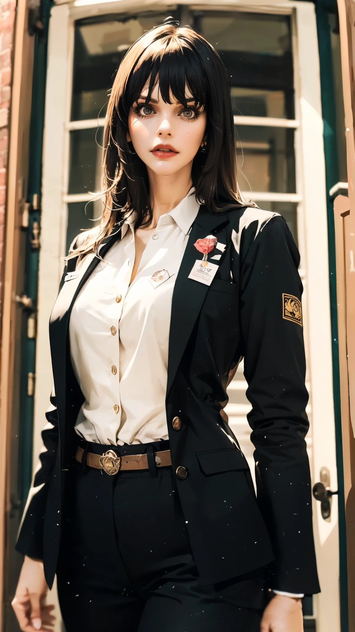 (masterpiece:1.2, best quality:1.2, extremely delicate:1.2), ((Alexandra Daddario:1.2)), a women with long black hair, a long side part bangs, she has slender eyebrows, sharp and intelligent eyes, perfect face, a dark Western-style fitted suit, a long overcoat on top, a belt wraps around her waist, loose trousers, this character embodies a finely crafted wise female leader in anime style, exquisite photography, Photo realism, photorealistic, perfect skin, even and soft lighting on face, dramatic, high definition, highres, ultra-detailed, ultra-fine painting, professional, perfect body proportions, golden ratio, anatomically correct, symmetrical face, extremely detailed eyes and face, high quality eyes, creativity, RAW photo, UHD, 32k, portrait lighting, Natural light, cinematic lighting, (masterpiece-anatomy-perfect:1.2)