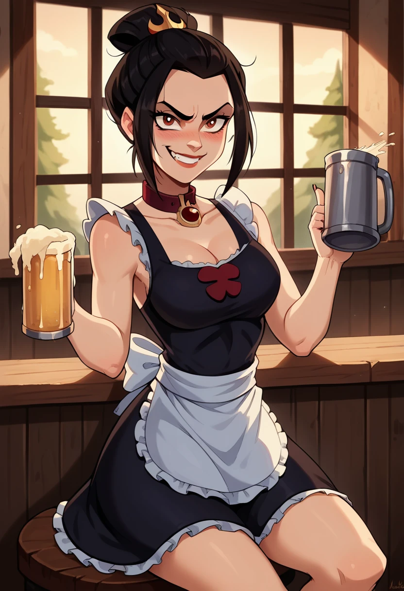 azula, alone, 1girl, Beautiful, Best Quality, extremely detailed face, perfect lighting, cowboy shot, sitting on stool inside Tavern, pouring beer mug on self, middle finger, flipping off, cute, jawline, perfect body, perky cleavage, messy hair bun, mascara, Wide Smile, maniacal, fang, teeth, blushing, blushful, Collar, red brooch, tight clothes, sleeveless, tank-top, apron, maid, barmaid, barmaid outfit, daytime , window, trees outside window, soft light