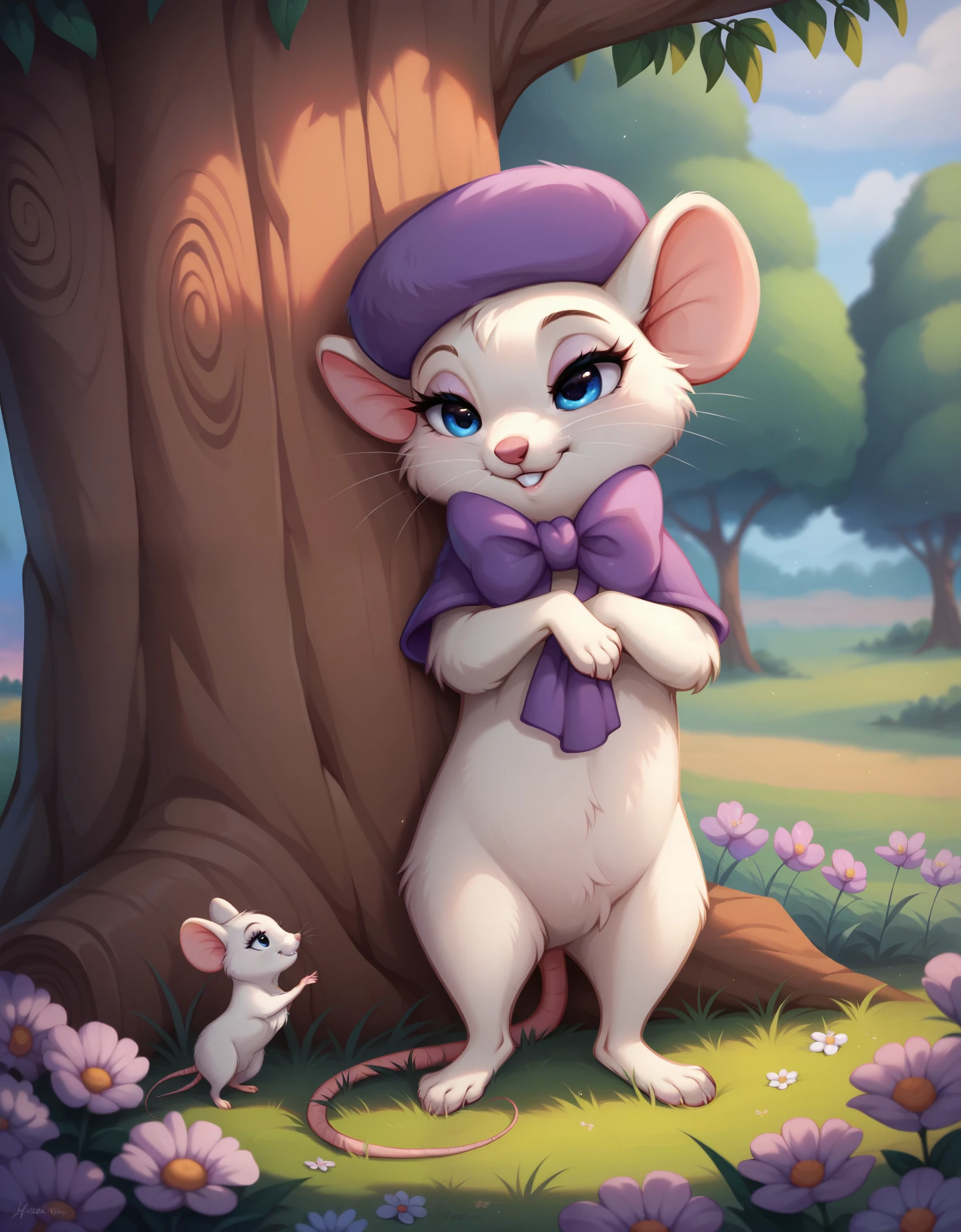 (score_9, score_8_up, score_8, furry, female, feral), (solo, bianca, mouse, hat), (whiskers, blue eyes, eye lashes, crotch tuft, white fur, chest tuft), rodent, teeth (masterpiece, best quality, hires, high resolution, detailed background), (house, flowers, grass), (cute, detailed eyes, bedroom eyes), (feral, feral), full standing on back feet, leaning the tree