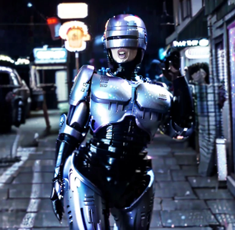 Back alley, female Robocop, big, huge breasts, beautiful, tall, sexy body, wearing Robocop helmet, mouth open, full view, looking at you, surrender pose, hands up