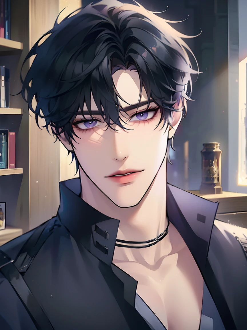 (masterpiece, 8k, high quality, best quality:1.6), 1boy, solo, short hair, black hair, asymmetrical fringe, purple eyes, handsome, sharp eyes, (mature male, mature:1.2), male focus, fashionable, tucked in open white collared shirt, gray pants, necklace, close up, smile, long eyelashes, detailed face, beautiful detailed eyes, intricate details, detailed eyes, soft shadows, perfect anatomy, indoors, home office, bookshelf, desk