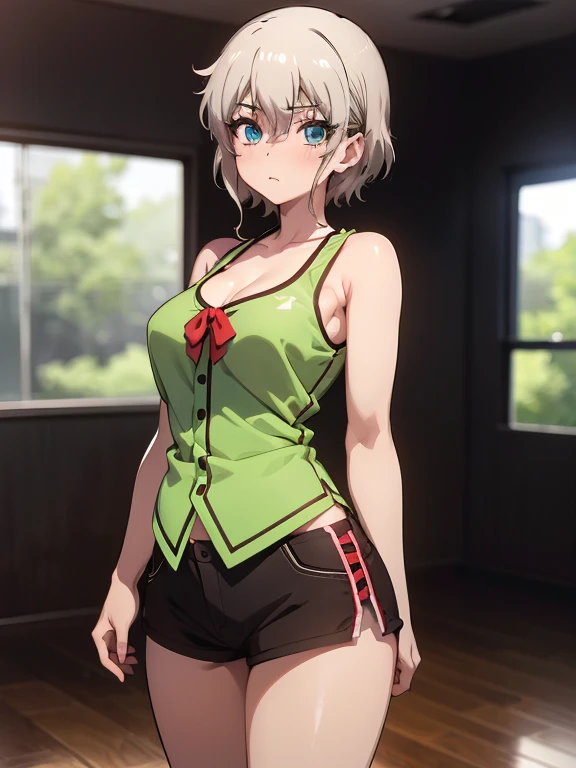 woman, 2, short hair, proportional hands, Yelan anime eyes, perfect body, sensual cleavage, medium breasts, red sleeveless blouse, wearing black micro shorts, sexy shorts, vinyl shorts, Ultra HD, 4k image, image of best quality, (fidelity: 1.4), photoreal, light green eyes, eyelashes, beautiful pupil, shadows, slight blush, delicate facial features, reasonable facial features, exposed waist, natural poses