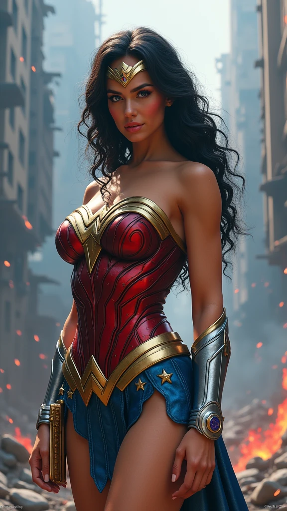 wonder woman, dynamic pose, comic book style, wide shot, 16k, 8k, 4K, HD, 1080P, highres, best quality, high quality, high details, super detail, anatomically correct, masterpiece, ccurate