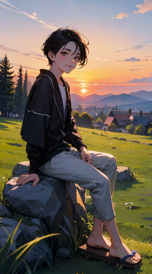 A happy ，Dressed in casual attire，Wear slippers，Sit on the rocks of the meadow，The background is the village，There is a cute little dog next to it，Sunset and sunset，Face the camera，Full body photo，Ultra-high definition