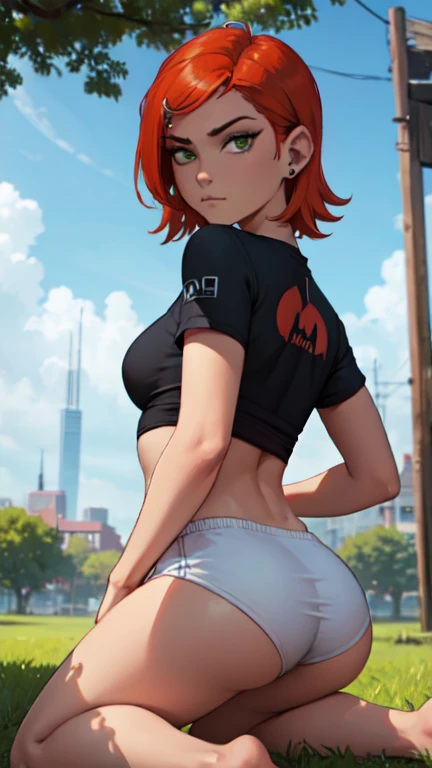 (masterpiece), (best quality),(ultra detailed),1 girl, (solo), standing,Frankie Foster, red hair,high ponytail,choker, ear piercing, crop top,thigh high socks, lipstick, eyeliner, teeth, perfect detailed eyes,(cowboy shot:1.5),tight skirt,(pussy sample),(pubic hair),(from below:1.3),