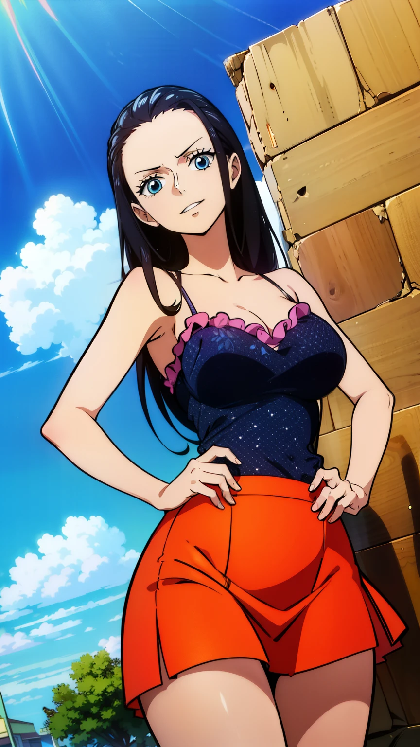 (masterpiece, best quality, high resolution, 8K:1.2), anime coloring, detailed, from one piece, one piece style, Nico Robin, mature woman, 30 years old, woman with long black hair, big medium breasts, calm and collected, happy expression and laughing, soft look, beautiful face, perfect hands, (micro mini length skirt, polka dot camisole, blue sky), cowboy shot, dutch angle, looking at viewer,
