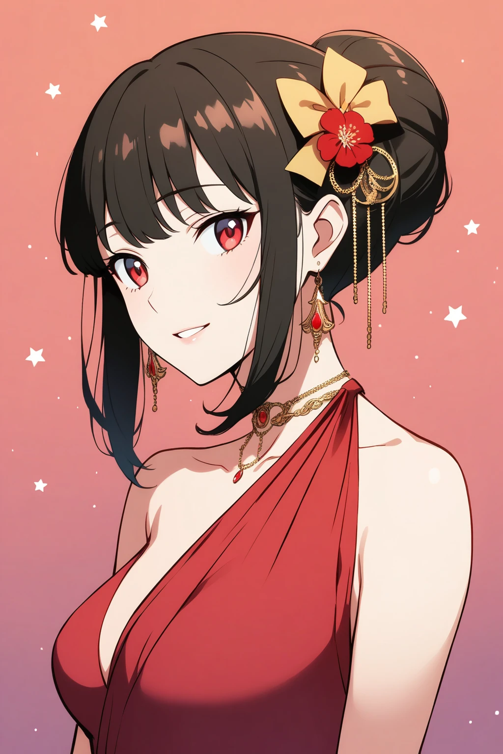 This is an illustration depicting a female character in anime style. She is wearing a red backless evening gown with a golden bow on her back, and a golden chain that extends from her neck to her waist. Her hair is black and styled into a high bun, adorned with a red flower-shaped hair accessory. Her eyes are very charming, gently closing as if smiling or enjoying some quiet moment of tranquility. The background is dark-toned with small stars scattered throughout, adding a dreamy feel to the entire scene.

