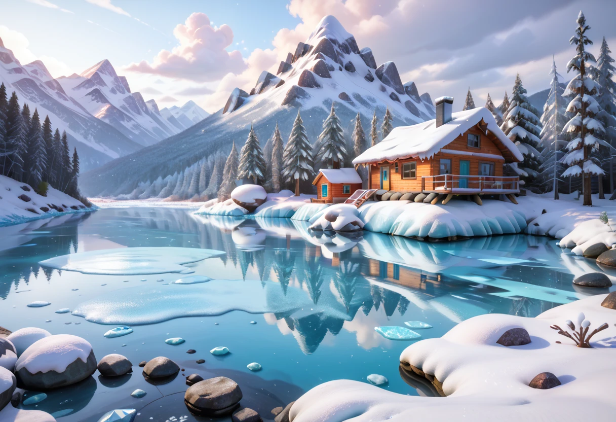 lakebed house, simple shack, rustic shack, metal shack, ice, frost, snow, ice lake, huge iceberg, snowing, masterpiece quality, ultra HD, 4K, best quality