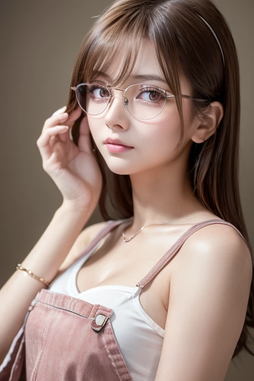 (Japanese young girl),(very baby face),(light brown hair,messy hair),(light pink eyes,droopy eyes:1.2),(thin lips),(Well-built and sexy muscular physique,medium breasts),

(Round thin-framed glasses),(Overalls)

(Cinematic Digital Art: 1.3), High Quality, Tabletop, Top Quality, Highly Detailed, Shaped, [4k Digital Art], India No., (Sharp Focus: 1.5), (Moody Lighting: 1.2) , written border depth, bokeh, 4k, high resolution, highly detailed, highly detailed CG Unity 8k wallpaper, realistic, photorealistic, RAW photo, beautiful and detailed face,realistic glowing skin, high quality fabrics, detailed hair texture, perfect body, beautiful face,anatomically correct, highly detailed face, eyes and skin texture, natural neck length, (beautiful eyes ), (Beautiful hands), (Glowing skin: 1.2),
