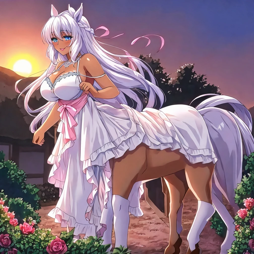 high quality, masterpiece, full body, anime style, plains, forest in background, 1girl, centaur girl, unicorn centaur, mature, sexy, lustful, lustful look, mature, slim and sexy body, white hair, chaste, white horse body, floral clothing decorations, delicate bra, delicate, saddle, flower ring, flower embeddings, magical atmosphere,