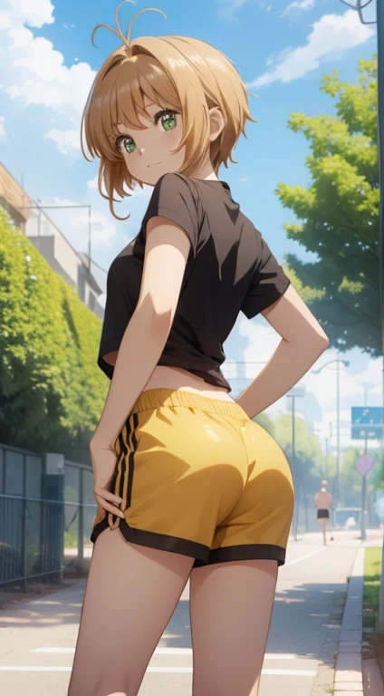 best quality, masterpiece, small breasts, smile, sweatshirt, leggings, outdoors, alone, anime style, grass field, daytime, blue sky, blue eyes, detailed eyes, medium hair, blonde hair, loose hair, bangs, ass,