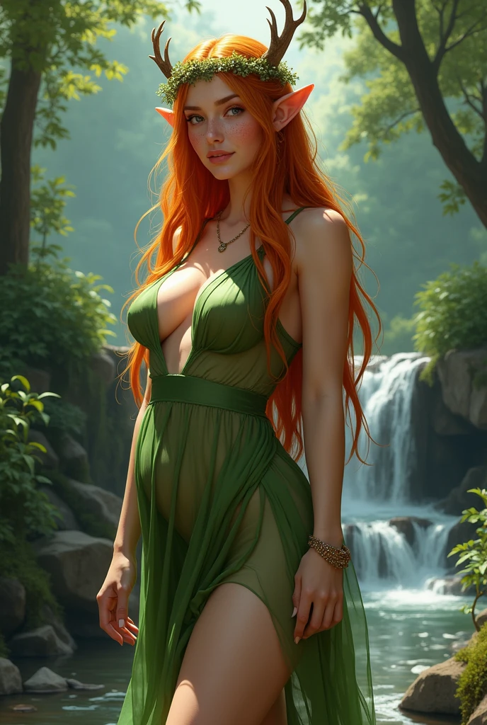 rubenesque orc, standing in a forest glade, small brook, woman, bathing, reddish-blonde