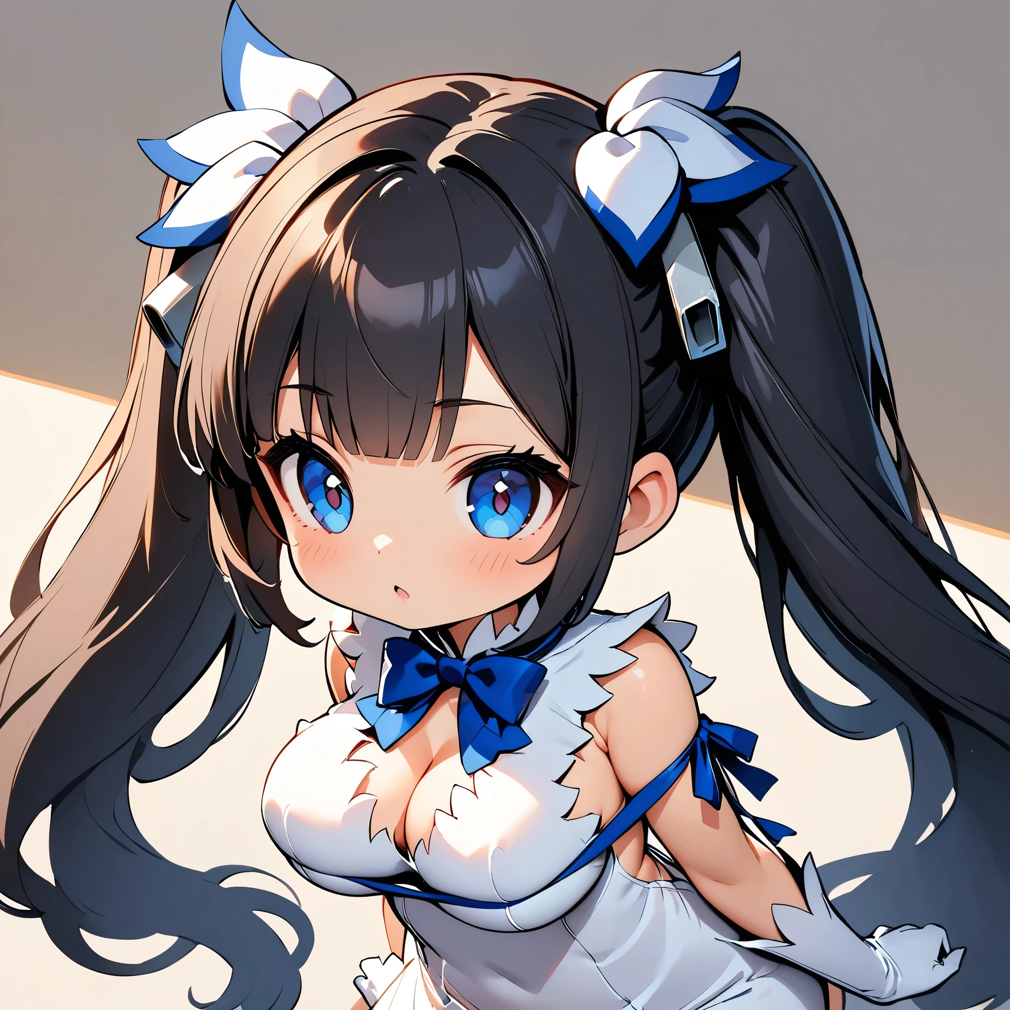 Chibi cute:1.2, (Highest quality:1.2, Very detailed, 超High resolution, High Contrast, masterpiece:1.2, Best aesthetics), (((1 girl))), Glossy Lips, Rouge, (Hestia (danmachi), chest, Long Hair, blue ribbon, Twin tails, ribbon, dress, Rei no himo, large chest, blue eyes, Black Hair, chestの谷間, white dress, hair ribbon, bow, bangs, hair ornaments, Clothing cutouts, very Long Hair), Professionalism, Bright colors, High resolution, correct perspective, (Soft focus throughout).