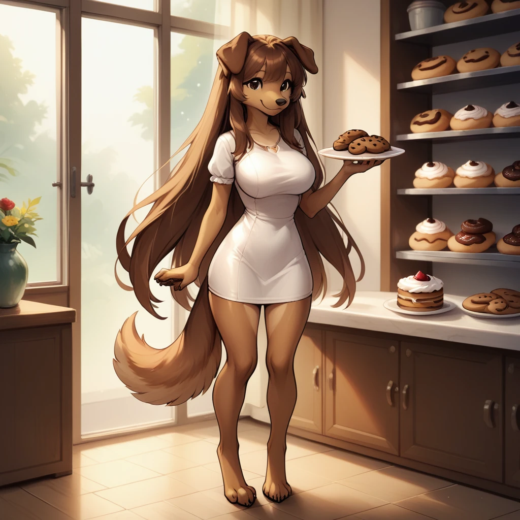 indoors, bakery, cookies, chocolate, 1girl, smile, looking at viewer, full body, mini dress , tight dress , standing, brown dog, anthro, floppy ears, breasts, Large breasts, split bangs, bangs, Long Hair, Brown Hair, Very Long Hair, dog, dog furry, Animal Ears, Dog Ears, Smile, holding plate of cookies, holding plate, cookies, cute, sexy, Simple background, Solo, Smile, dog tail, claws