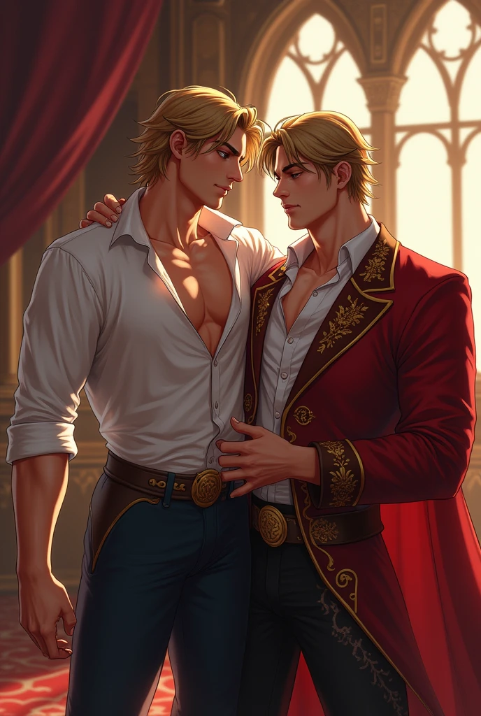 A captivating comic book illustration featuring two semi-nude men with light blond hair, lounging on a luxurious bed in a medieval setting. The room is adorned with rich tapestries and golden accents, exuding an air of opulence. The men, one with a sword and the other with a bow, share a knowing glance, their bodies enveloped in a soft, ethereal light, accentuating their muscular forms. The overall atmosphere is both sensual and powerful, transporting the viewer to a world of knights and nobility., illustration