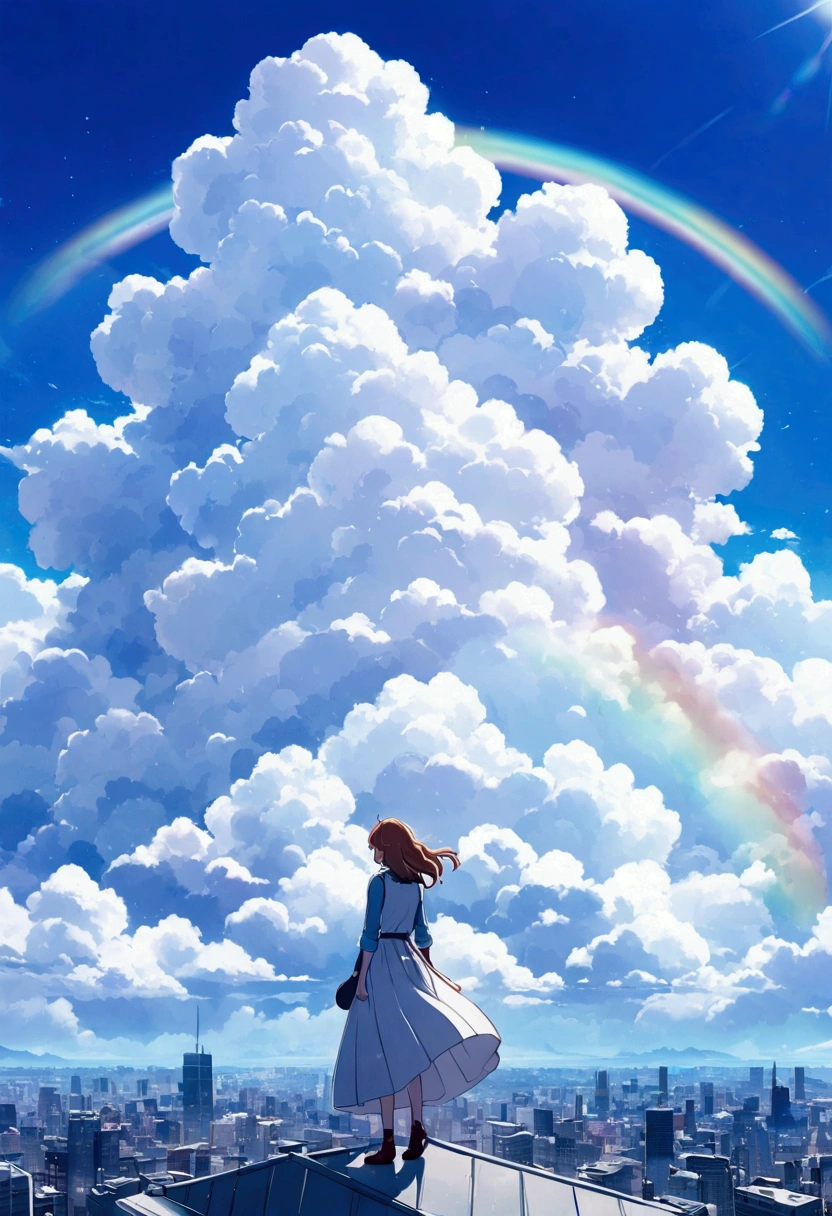 Big fluffy cloud,noon,It rains,rainbow, 　Catching the Wind: Cityscape - A girl looking down on the city from the rooftop of a skyscraper 