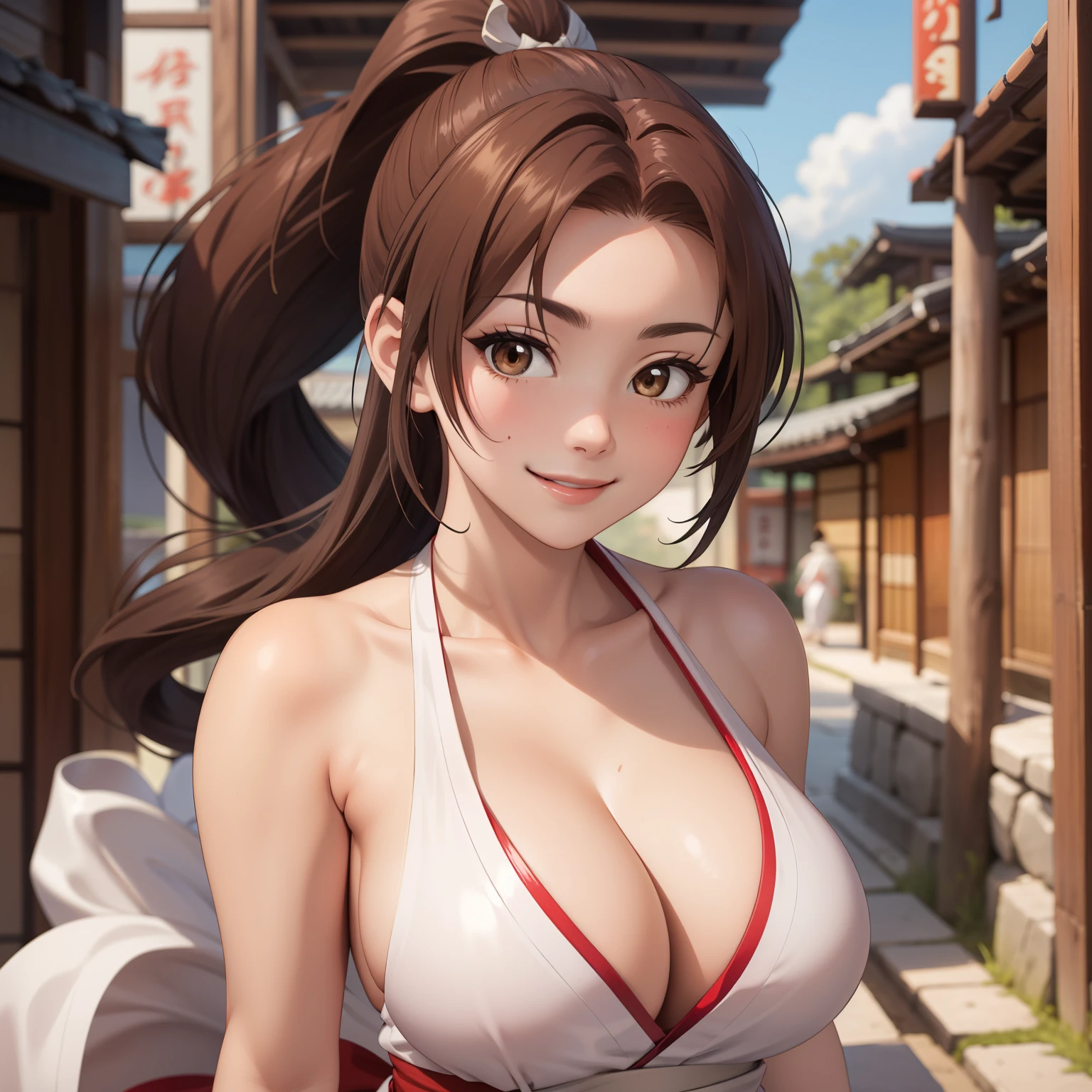 Mai Shiranui, Brown eyes, big breasts, smile, shiny brown hair , big breasts, Traje Mai Shiranui, red and low cut, Background of an ancient Japanese city. 