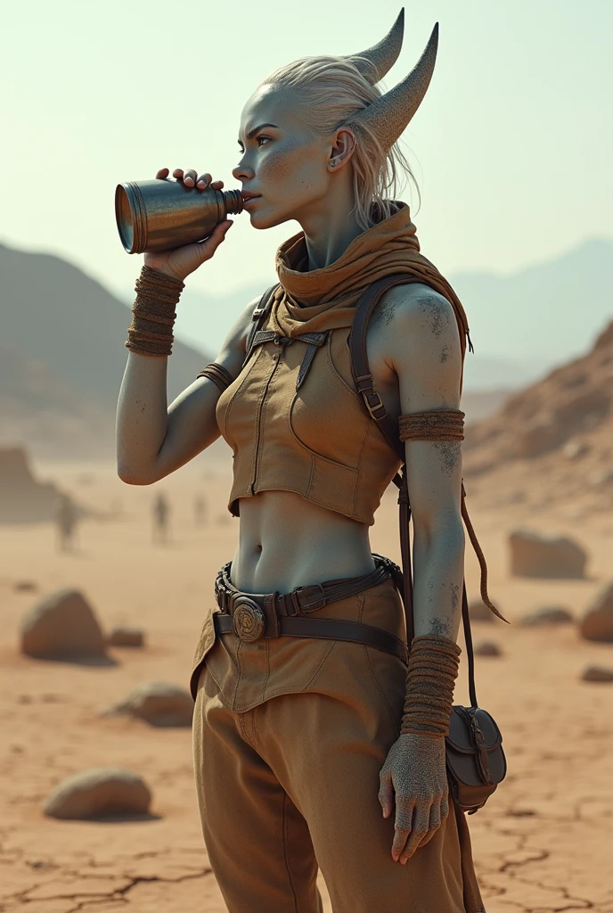 An extremely detailed and realistic image of a female Karnathi humanoid character standing in a barren, arid landscape, drinking from a canteen. The Karnathi is 1.8 meters tall, with a light gray skin tone that has a smooth texture. Her face is rugged yet retains subtle, human-like features, with soft orange eyes that stand out against the harsh environment. Light gray bone-like scales are visible on her shoulders and forearms, providing a soft contrast to her skin while adding texture and character to her appearance.

The Karnathi is dressed in practical, weathered clothing suited for the harsh environment—a mix of durable fabrics and leather in earthy tones that blend with the dusty, dry surroundings. The outfit is functional, designed to protect her from the harsh sun and rough terrain, while still allowing her muscular and athletic build to show through. The canteen she drinks from is made of rough metal, showing signs of wear, indicating long use in unforgiving conditions.

The arid landscape around her is vast and desolate, with cracked earth, scattered rocks, and distant, hazy mountains under a harsh, cloudless sky. The sun is high, casting sharp shadows and giving the scene a sense of heat and dryness. Despite the harsh surroundings, the Karnathi maintains a composed and resilient expression, embodying strength and endurance in the face of adversity. The overall image captures the stark beauty of survival in a hostile environment, focusing on the detailed textures of the character, her gear, and the landscape.