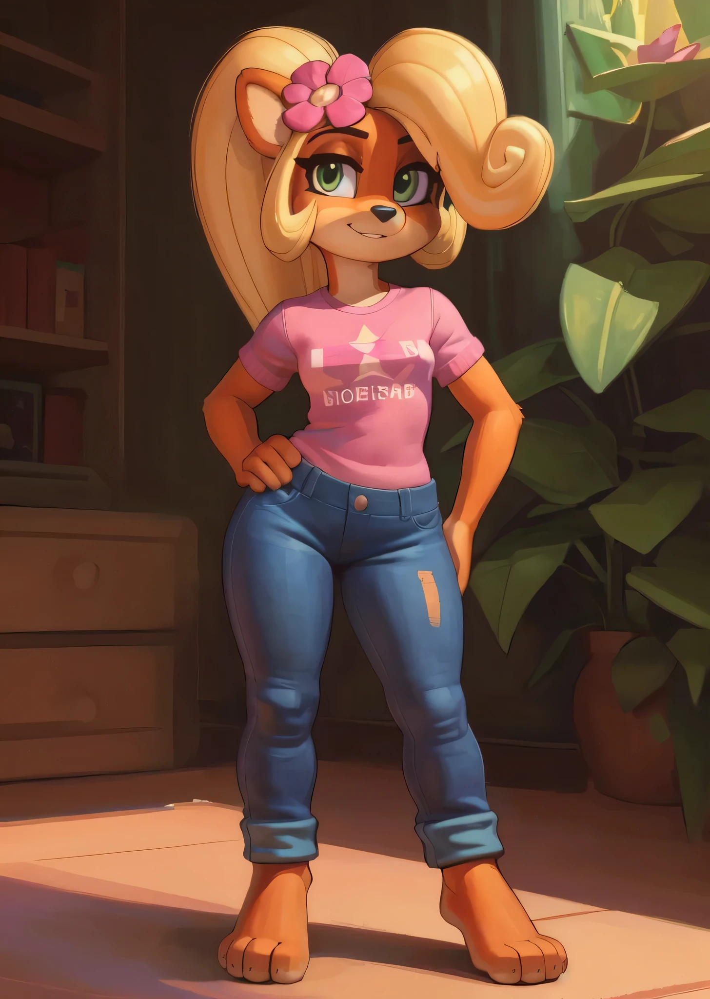 [isaCrossing], [Isabelle], [Animal Crossing], [Uploaded to e621.net; (Pixelsketcher), (wamudraws)], ((masterpiece)), ((HD)), ((high res)), ((solo portrait)), ((waist up)), ((low angle view)), ((detailed fur)), ((detailed shading)), ((beautiful render art)), {(slim figure), yellow fur, black nose, (cute blue eyes), (blonde hair), (bells in hair), topknot, fluffy tail, (squishy hips), (love handles), (beautiful legs), (blushing), (cute smile), (embarrassed expression)}, {(green sprots bra), (?????? bumps), (navel), (black yoga pants)}, {(nervous demeanor), (looking at viewer)}, [ambient lighting, park, grass, sun rays]