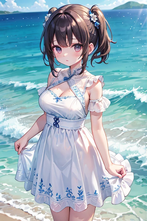 (((Japanese Landscape))), (((Walking along the coast of Japan))), ((Summer dress, see-through, sandals, white hat,)), (skirt), ((Shiny Costumes)), skindentation, skinny, solo, 1 woman, Masterpiece, highest quality, highest quality, 16K, incredibly absurd, highly detailed, 2.5D, ai-generated, delicate and dynamic, very delicate facial expressions, delicate eye depiction, erotic, only sexy woman, ((A cute and kind face)), healthy figure, ((25-year-old woman)), 160cm tall, medium firm swaying bust, Dark hair, black eyes, Sweat,Embarrassed,sexy, ((thin thighs)), (camel toe:0.7), , (Erect nipples,:0.7), shiny and lustrous, facing straight at viewer, (((in heat))), ((Oily_skin)), ((Lots of sweat)), ((dutch angle)), ((erotic pose)), (((Very dynamic pose))), The countryside by the sea in Japan, the sea in midsummer, summer vacation,