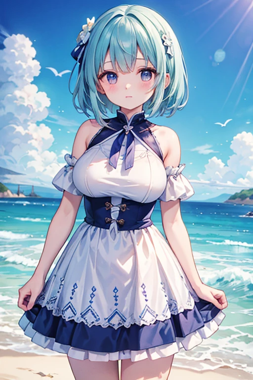 Re:Zero's Rem、light blue hair、short hair、table top、High resolution、big and full breasts、naughty body、See-through、throw、、whole body、Look up at me、confused face、blush、embarrassing、I'm panicking、The shape of a woman's private parts is clearly visible、I can see your nipples、white skirt、micro mini skirt、very short skirt、bare chest、show your chest、Upper grade、A lot of milk comes out from the nipples、Breast milk gushes from the nipple、very big breasts、show your chest、bare chest、straw hat、white dress、sandy beach、sunset、Madder sky、sunset beach、seaside、sandy beachで四つん這い、bangs that cover one eye、pink hairpin、white sandals、from below、Low - Angle