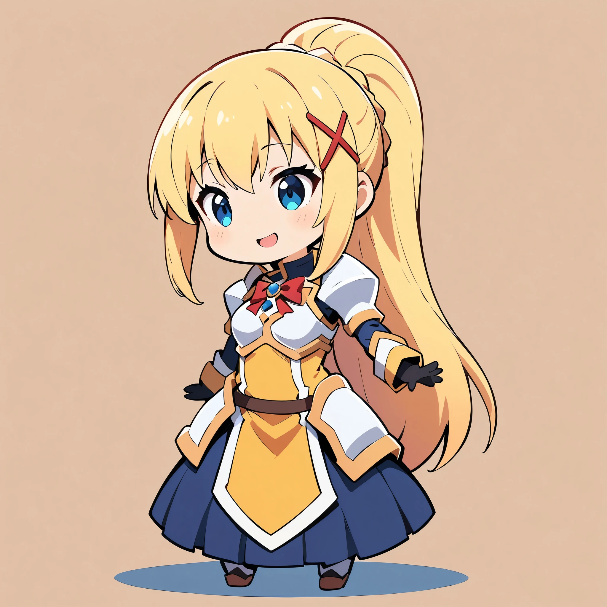 Chibi cute:1.2, (Highest quality:1.2, Anime artwork, Anime Style, Very detailed, up to date, Vibrant, digital coloring, High Contrast, masterpiece:1.2, Highest quality, Best aesthetics), (((KonoSuba, KS Darkness, 1 female:1.2))), ((blonde, ponytail, x Hair accessories, White Armor, shoulder 鎧, Bodysuits, Black gloves, Yellow Dress, Black long skirt)), smile, Random Pause, Cowboy Shot, Simple Background.