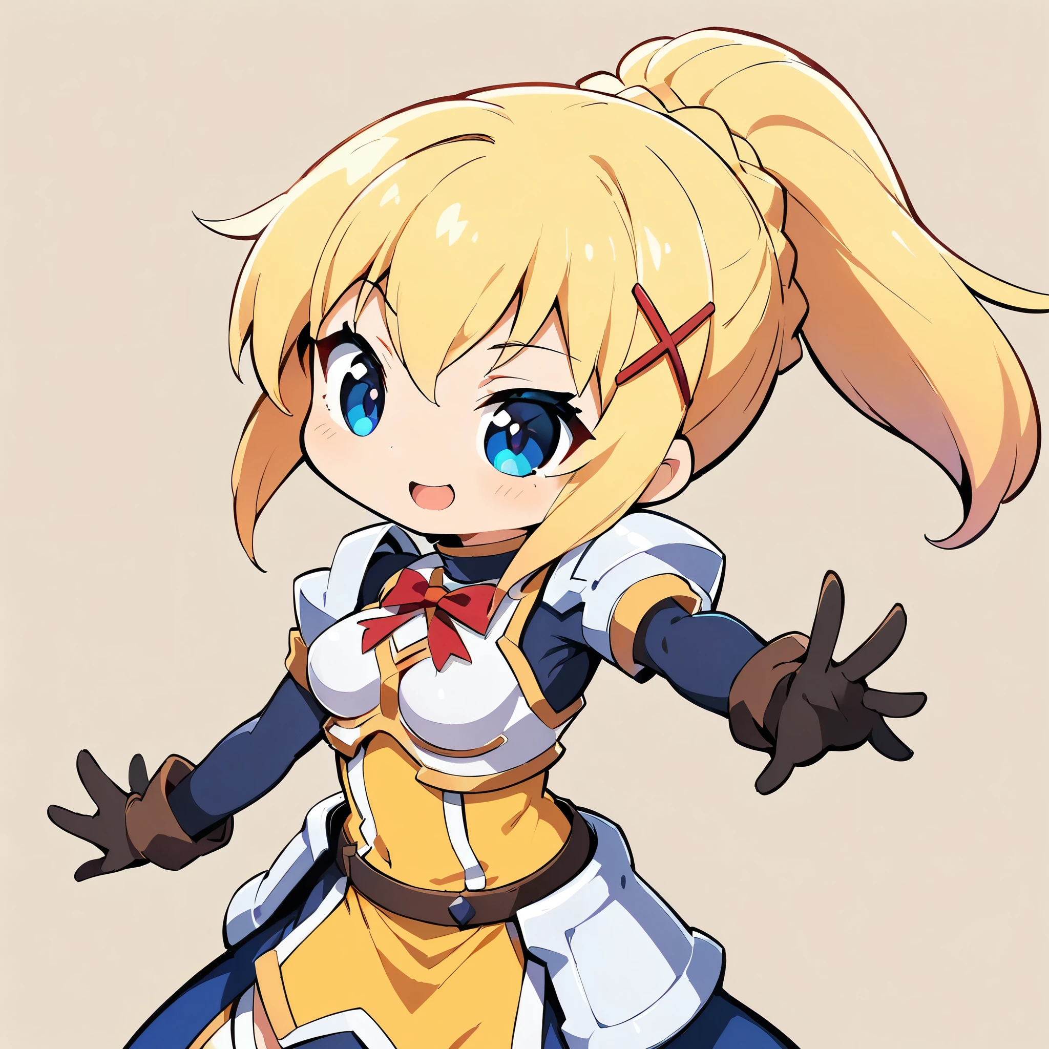 Chibi cute:1.2, (Highest quality:1.2, Anime artwork, Anime Style, Very detailed, up to date, Vibrant, digital coloring, High Contrast, masterpiece:1.2, Highest quality, Best aesthetics), (((KonoSuba, KS Darkness, 1 female:1.2))), ((blonde, ponytail, x Hair accessories, White Armor, shoulder 鎧, Bodysuits, Black gloves, Yellow Dress, Black long skirt)), smile, Random Pause, Cowboy Shot, Simple Background.