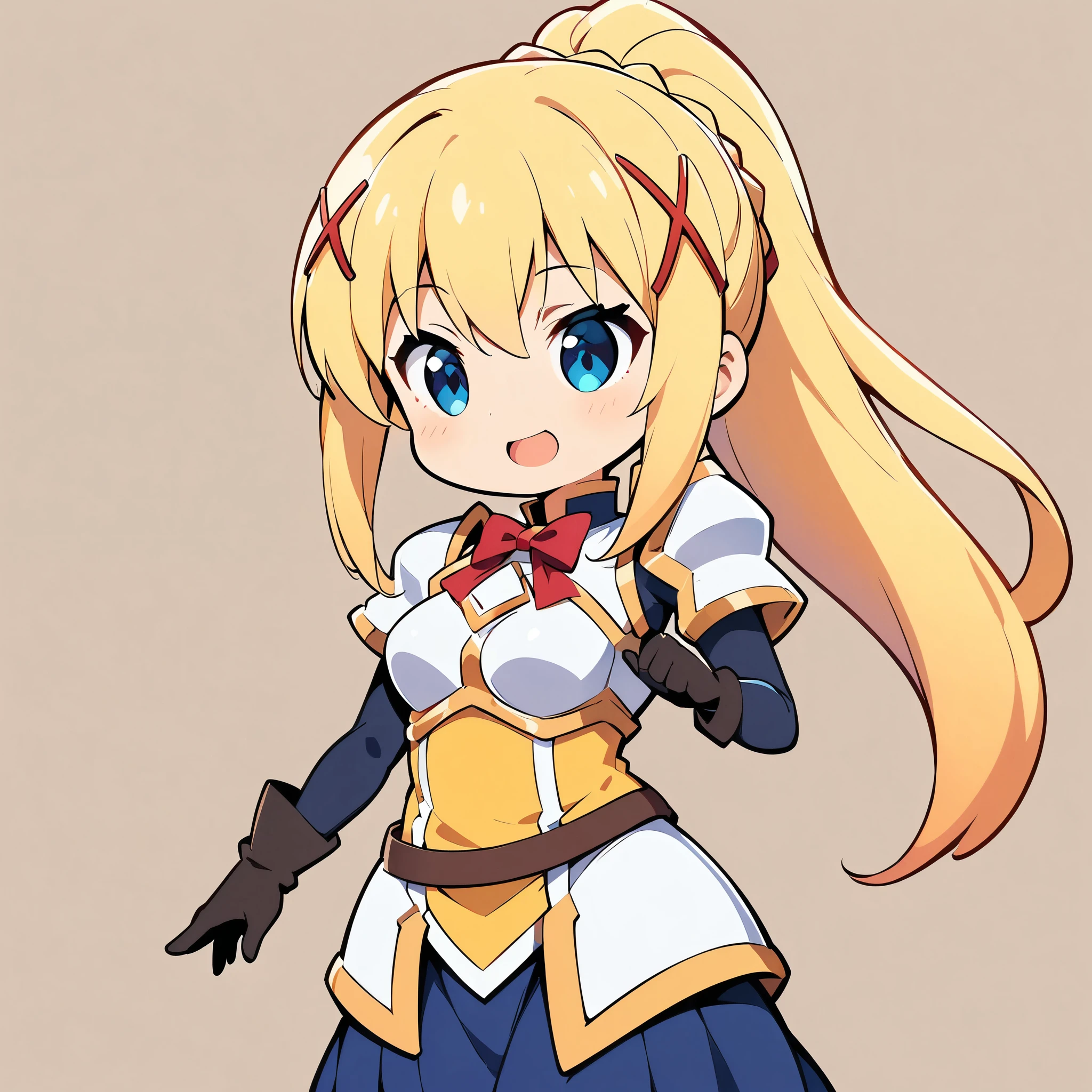 Chibi cute:1.2, (Highest quality:1.2, Anime artwork, Anime Style, Very detailed, up to date, Vibrant, digital coloring, High Contrast, masterpiece:1.2, Highest quality, Best aesthetics), (((KonoSuba, KS Darkness, 1 female:1.2))), ((blonde, ponytail, x Hair accessories, White Armor, shoulder 鎧, Bodysuits, Black gloves, Yellow Dress, Black long skirt)), smile, Random Pause, Cowboy Shot, Simple Background.