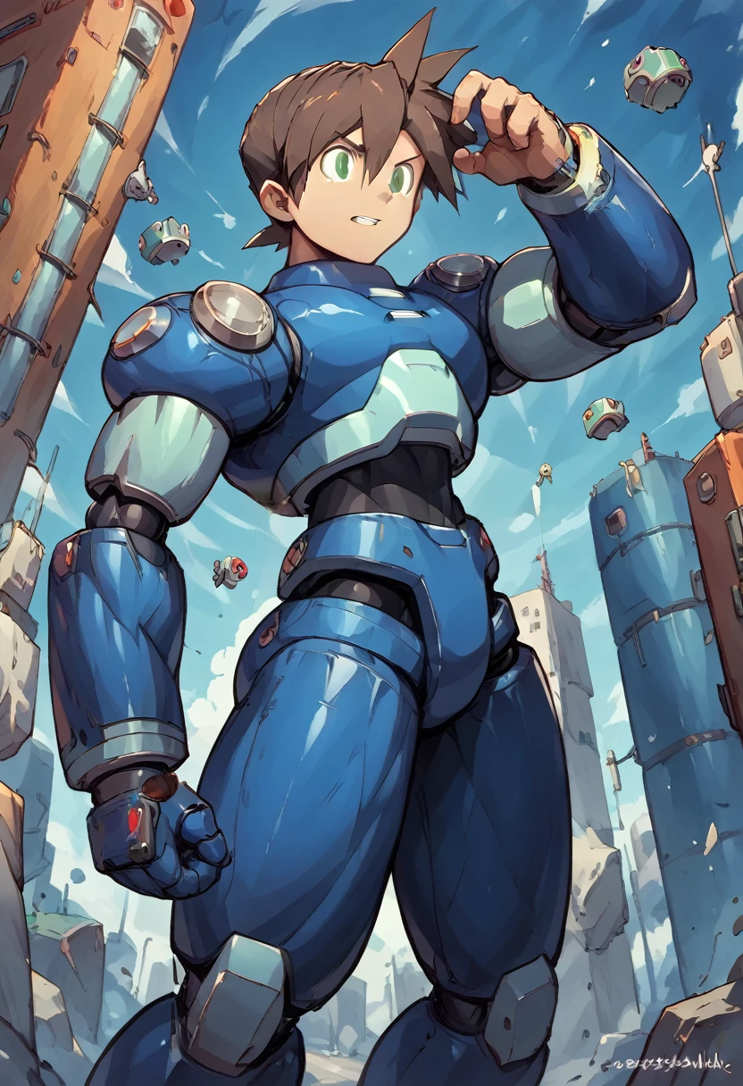 Highest quality,RAW Photos,Professional Art Works,Guts pose,m3g4m4n,Blue Armor,Muscular,Brown Hair, boy,male focus, brown hair, green eyes, 独奏, android, hair between eyes,