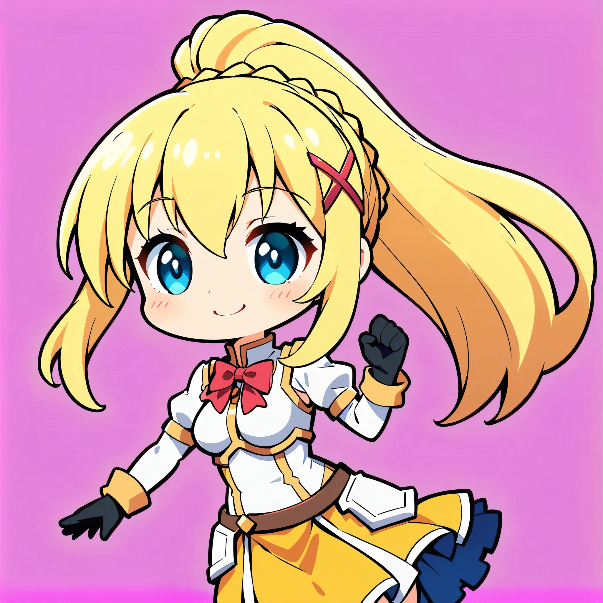 Chibi cute:1.2, (Highest quality:1.2, Anime artwork, Anime Style, Very detailed, up to date, Vibrant, digital coloring, High Contrast, masterpiece:1.2, Highest quality, Best aesthetics), (((KonoSuba, KS Darkness, 1 female:1.2))), ((blonde, ponytail, x Hair accessories, White Armor, shoulder 鎧, Bodysuits, Black gloves, Yellow Dress, Black long skirt)), smile, Random Pause, Cowboy Shot, Simple Background.