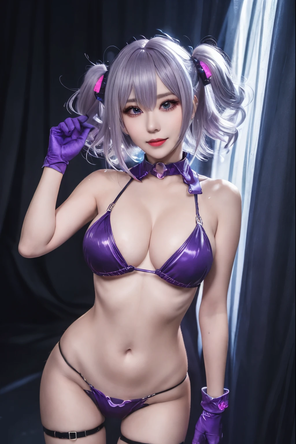 masterpiece, high quality, detailed eye,
one person's, alone, perfection,eye, (Twin tails:1.1), Big Breasts, Volume up, Thick thighs, expensive, Long legs,Oily skin, Glowing Skin, smile,
alone, Show Viewer, Cyberpunk City, Neon Light,,Contrasting, Cut-out protection, Cleavage cutout, string, choker, Thigh straps, Venus Crack Eye, Pussy, Nipples,(naked :1.3),pubic hair,~ side,Sweat,(Pee:1.3),urination,Hollow Eye,((Purple glowing eye 1.5)),( Silver Hair:1.3)、( Twin tails:1.3)
