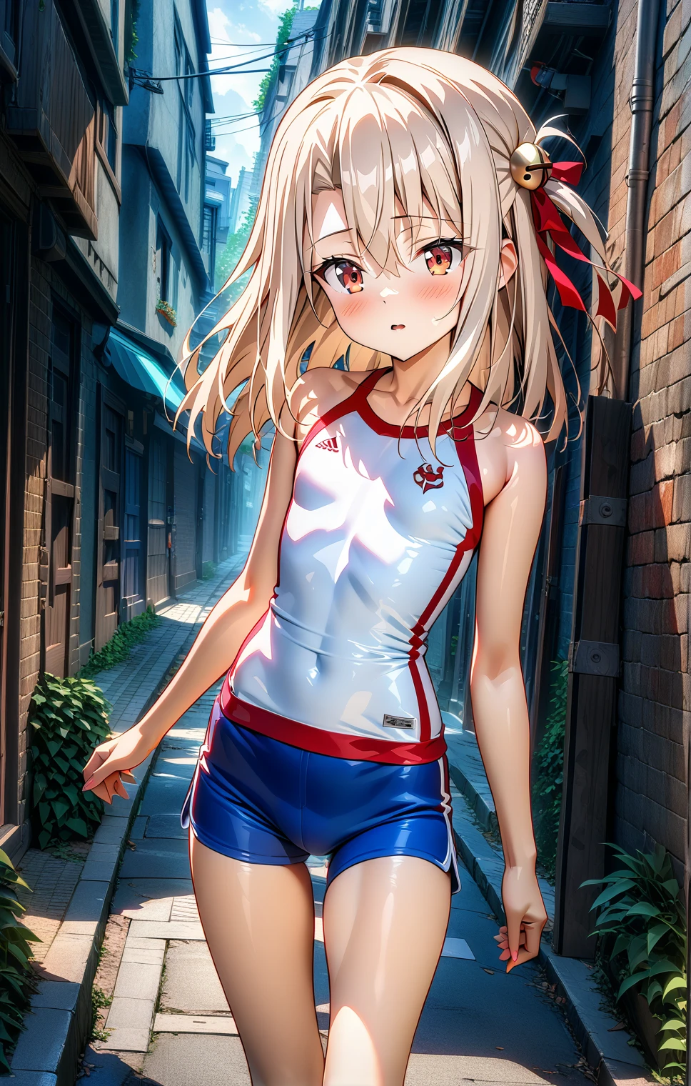 Ultra-detailed, 8K quality, 1 person, HDR, Perfect contrast, Perfect illustration, masterpiece, illyasviel von einzbern, small lolicon, anime alleyway, tight gym blue shorts, tight plain white gym crop top