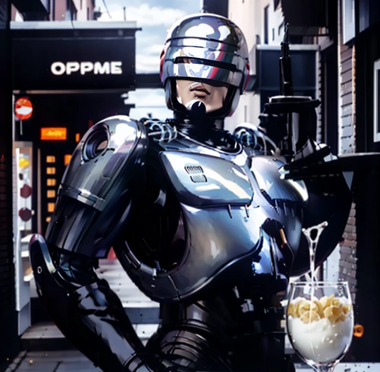 Back alley, female RoboCop, big butt, big breasts, beautiful woman, tall, sexy body, wearing RoboCop helmet, mouth watching, white cloudy liquid being poured on a young beautiful boy, white cloudy liquid The overall view of the body