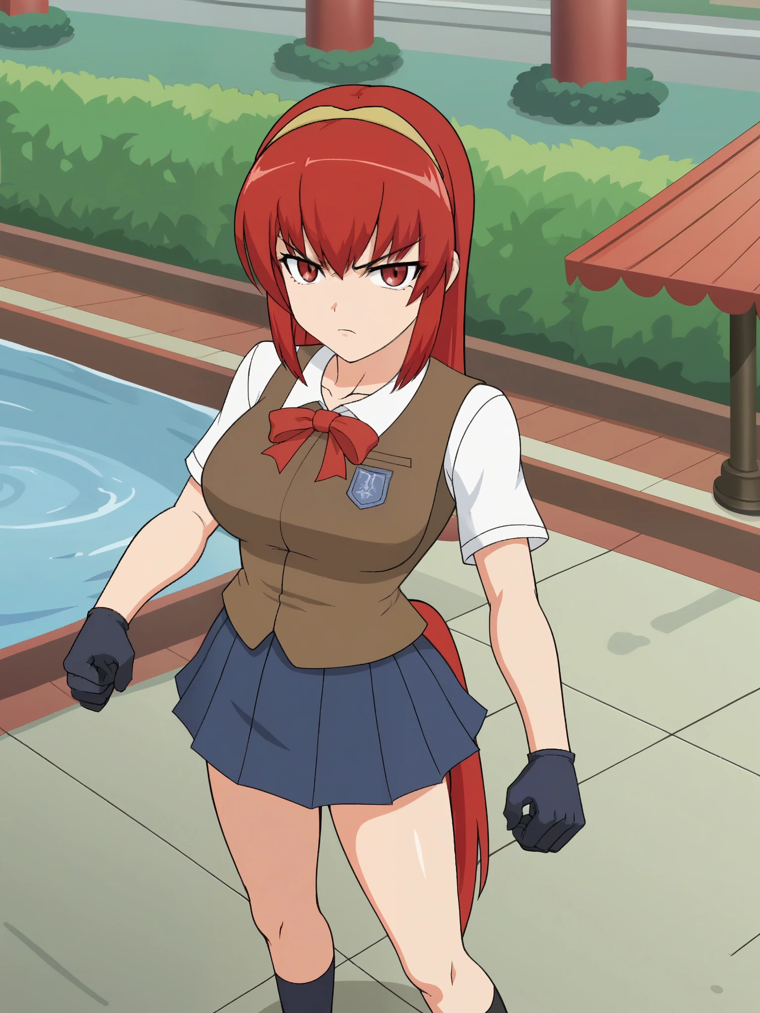 girl in a panty, wearing oven mittens tucked in pockets, blindfold