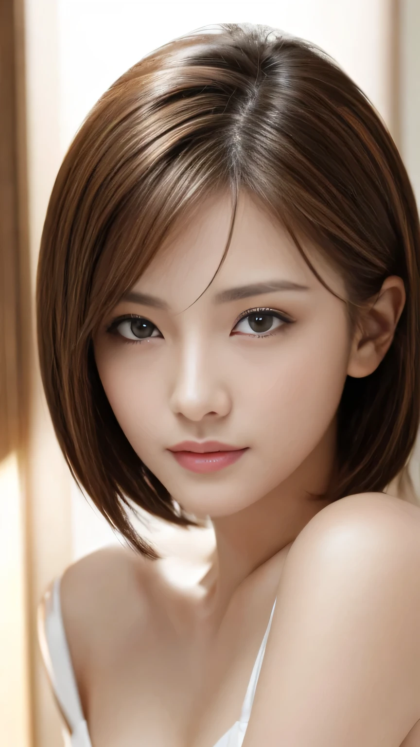 masterpiece、highest quality、High resolution、Tabletop、wallpaper、Realistic、Bright lighting、Professional Lighting、Smooth lighting、Japanese women、Adult、Beautiful woman、gravure、sexy、so beautiful、Beautiful Skin、Beautiful and detailed、Detailed face、slim、short hair、Brunette colored hair、Brown eyes