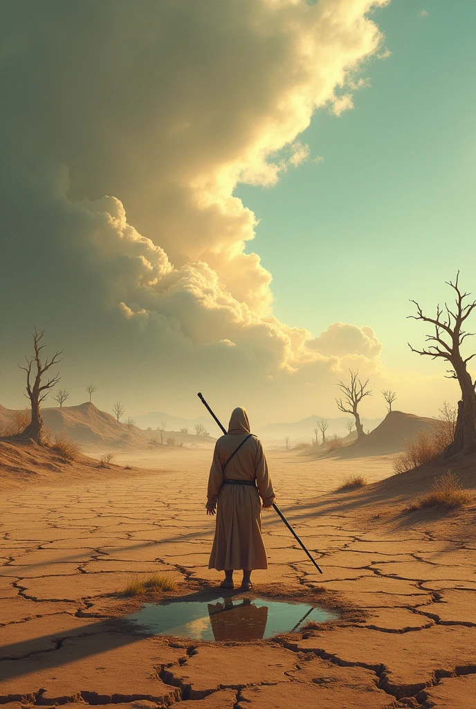 (masterpiece, Highest quality, shape, Subtle details, 8k:1.2),(Highly detailed CG Unity 8k wallpaper), (Highest quality), (Best illustrations), (Photo shoot by a professional photographer:1.2),(Best Shadow),  Realistic lighting,A vast desertified landscape stretches endlessly toward the horizon, with cracked and parched earth revealing deep fissures. In the foreground, a small, nearly evaporated puddle of water reflects the harsh sunlight that beams down from a clear, scorching sky. Scattered across the barren land are dead, skeletal trees, their lifeless forms standing as bleak monuments to a withered world. In the distance, a lone figure in a tattered robe stands with their back turned, holding a staff high above their head. This solitary person faces the barren land, and directly above them, dark storm clouds are beginning to swirl ominously. The contrast between the burning earth and the distant clouds creates a mystical tension, evoking themes of resurrection and hope emerging from despair. The scene blends myth and reality, offering a glimpse of life poised on the edge of desolation.