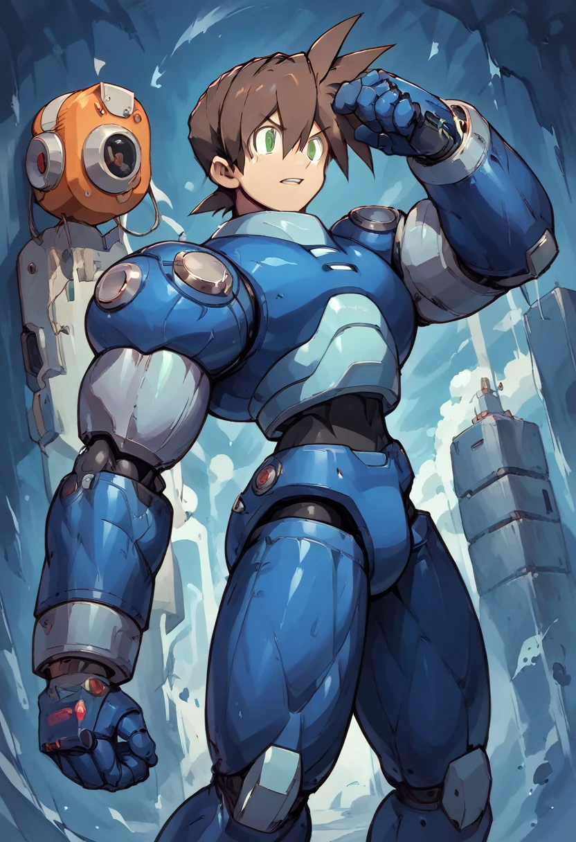 Highest quality,RAW Photos,Professional Art Works,Guts pose,m3g4m4n,Blue Armor,Brown Hair, boy,male focus, brown hair, green eyes, 独奏, android, hair between eyes,Huge muscles,Huge erect penis,