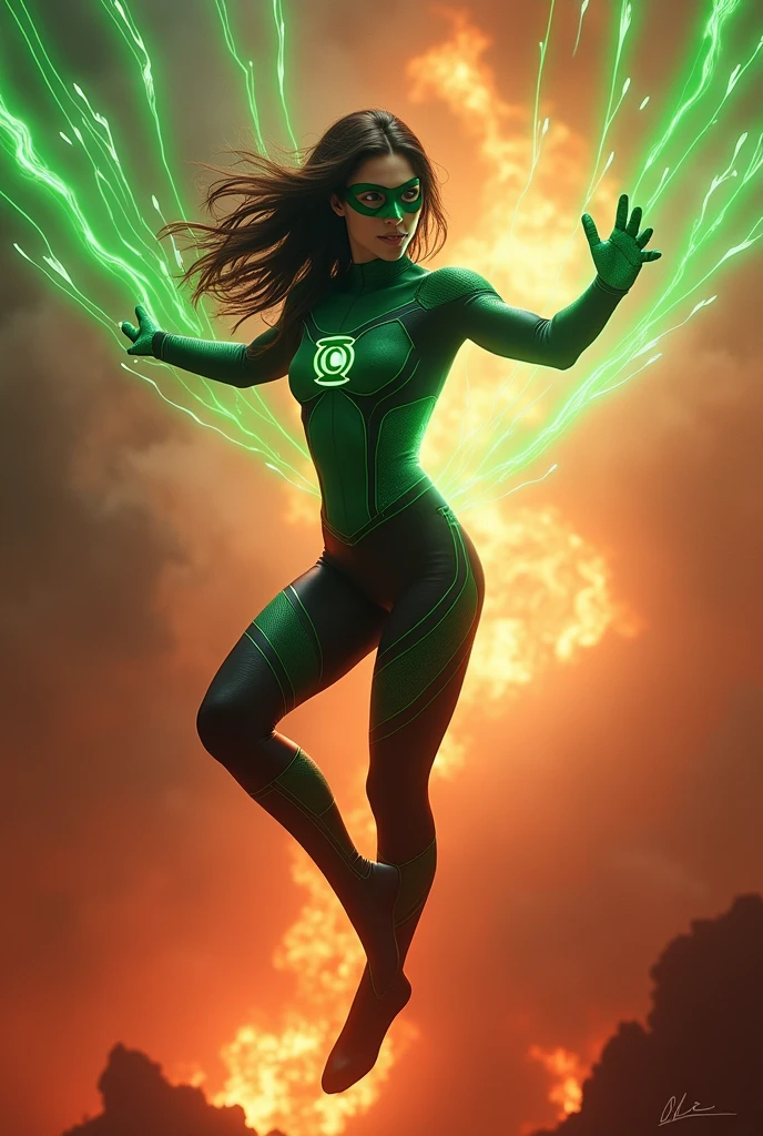 (photorealism:1.2), brunette woman perfect body, dressed as spidergreen lantern with mask floating in the air receiving from all sides multicolored rays colors in hell with flames of fire in the background, in fighting stance ready to attack